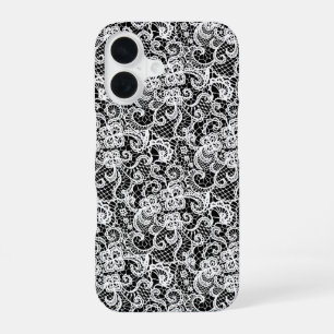 Coque iPhone 16 Motif en dentelle blanche sur noir