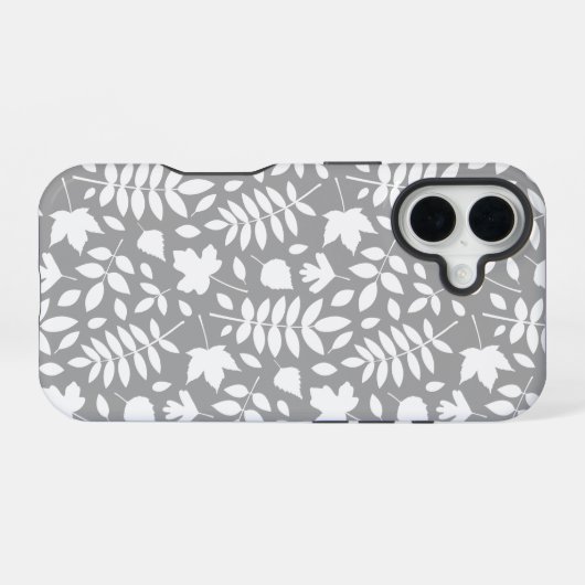 Coque iPhone 16 Motif Feuille tombé blanc sur gris (Verso Horizontal)