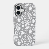 Coque iPhone 16 Motif Feuille tombé blanc sur gris (Verso)