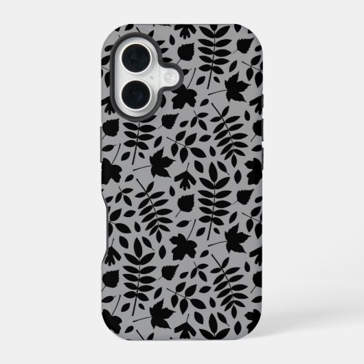 Coque iPhone 16 Motif Feuille tombé noir sur gris (Verso)