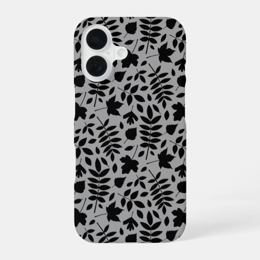 Coque iPhone 16 Motif Feuille tombé noir sur gris (Verso)