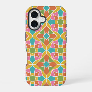 Coque iPhone 16 Motif Fleur géométrique Retro Arc-en-ciel