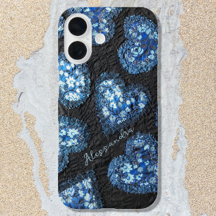 Coque iPhone 16 Motif floral à coeur monogrammé noir bleu