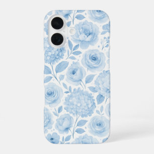 Coque iPhone 16 Motif floral aquarelle bleu blanc