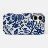 Coque iPhone 16 Motif floral bleu complexe sur fond clair (Verso Horizontal)