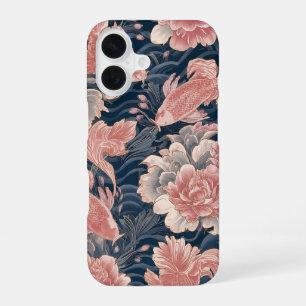 Coque iPhone 16 Motif floral de chinoiserie bleu rose koi
