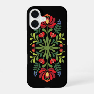 Coque iPhone 16 Motif folklorique hongrois rouge et rose