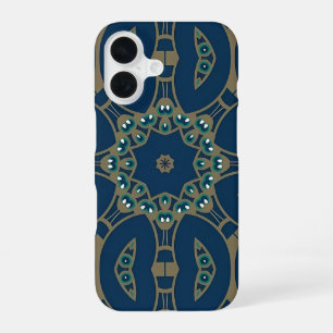 Coque iPhone 16 Motif géométrique octogonal bleu marine et or