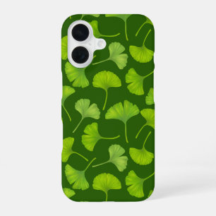 Coque iPhone 16 Motif ginkgo sur fond vert foncé