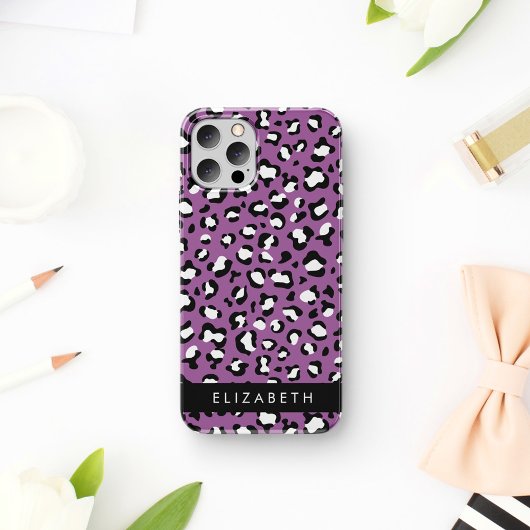 Coque iPhone 16 Motif léopard, Taches, Léopard Violet, Votre Nom