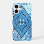 Coque iPhone 16 Motif Marbre Bleu avec Nom et Initiale Personnalis (Verso)