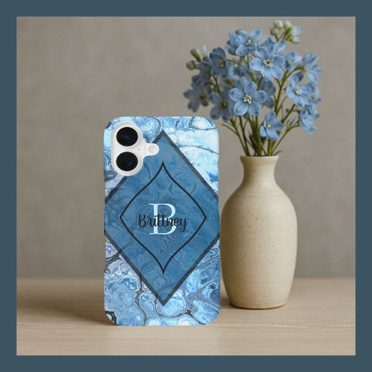Coque iPhone 16 Motif Marbre Bleu avec Nom et Initiale Personnalis