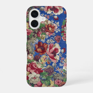 Coque iPhone 16 Motif ornemental de rose victorienne bleu royal