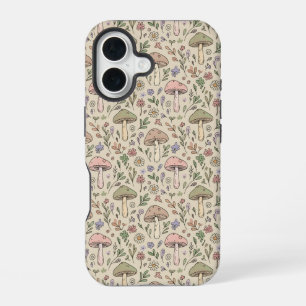 Coque iPhone 16 Motif sans couture de champignons beige chaud Bohè