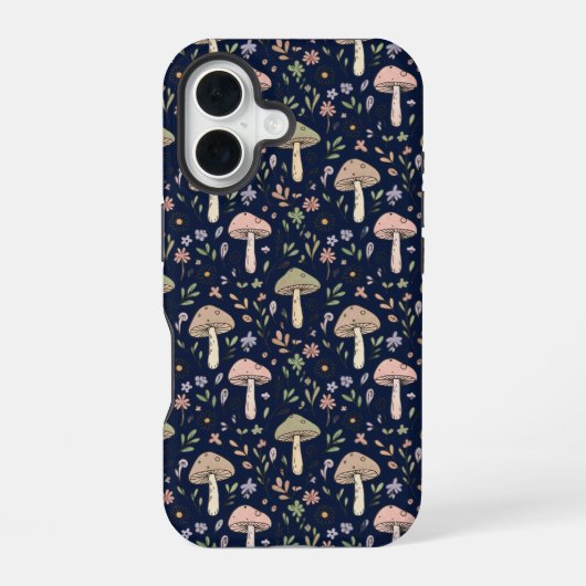 Coque iPhone 16 Motif sans couture de champignons Navy Profond Aca (Verso)