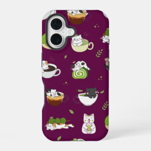 Coque iPhone 16 Motif sans couture de chat Matcha Kawaii