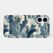 Coque iPhone 16 Motif Vagues Japonaises Monogrammé (Verso Horizontal)