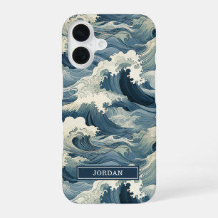 Coque iPhone 16 Motif Vagues Japonaises Monogrammé