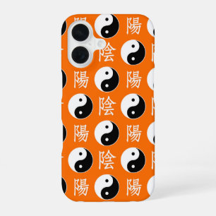 Coque iPhone 16 Motif Yinyang Chinois sur Fond Orange