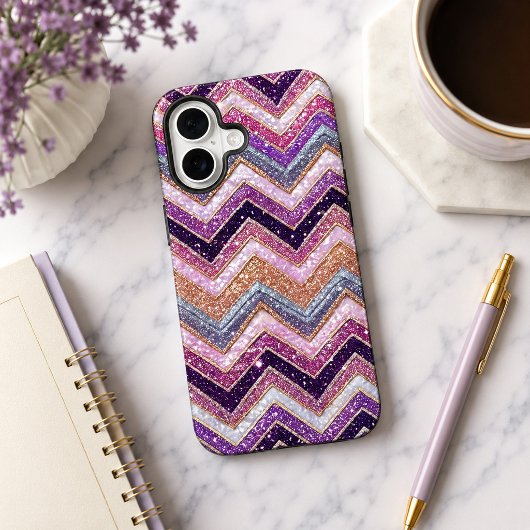 Coque iPhone 16 Motif zigzag violet et rose scintillant
