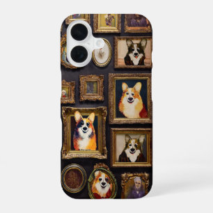 Coque iPhone 16 Mur du musée vintage, Portraits de chiens de corgi