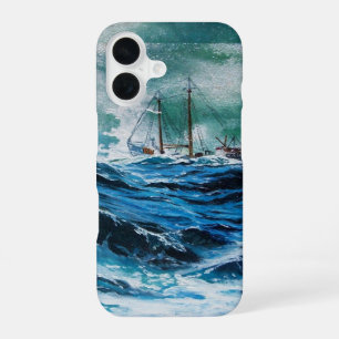 Coque iPhone 16 Navire en mer dans la tempête / Bleu marine