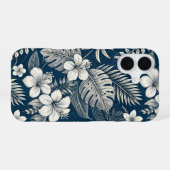 Coque iPhone 16 Navy Blue Hibiscus Monstera Tropical Botanical (Verso Horizontal)