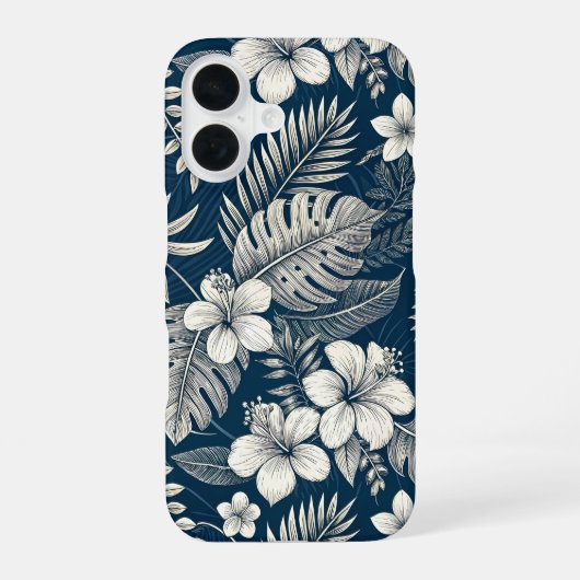 Coque iPhone 16 Navy Blue Hibiscus Monstera Tropical Botanical (Verso)