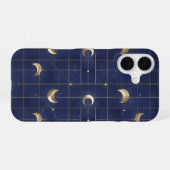Coque iPhone 16 Navy Blue Moon and Gold Grid Design (Verso Horizontal)
