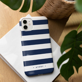 Coque iPhone 16 Navy Classique & Rayure Blanche Personnalisée