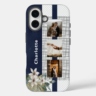 Coque iPhone 16 Navy Floral 3 Photo Anniversaire Couple Nom