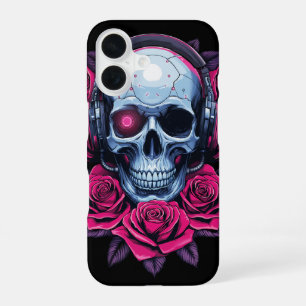 Coque iPhone 16 Neon Cyber Mort Crâne et Rose Noir