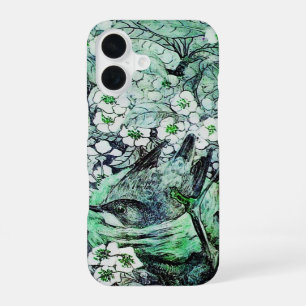 COQUE iPhone 16 NID D'OISEAU, ARBRE BLANC VERT FLEURS DE PRINTEMPS