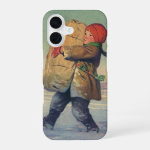 Coque iPhone 16 Noël vintage, enfant avec gros colis
