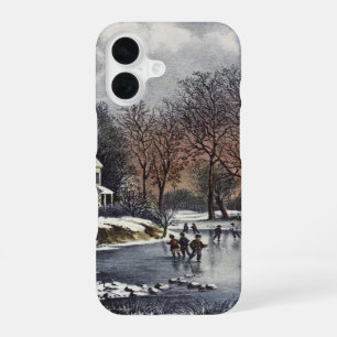 Coque iPhone 16 Noël Vintage, Patins d'hiver précoce sur un étang