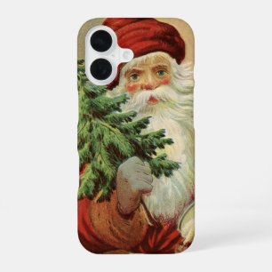 Coque iPhone 16 Noël vintage, Père Noël victorien avec arbre