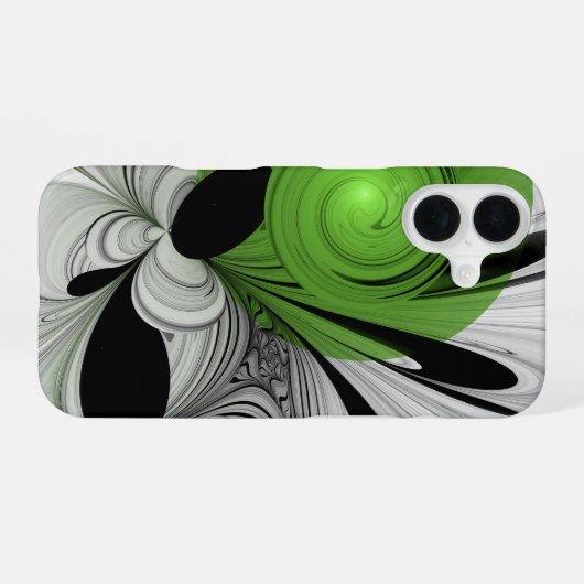 Coque iPhone 16 Noir Abstrait et blanc avec art fractal vert (Verso Horizontal)