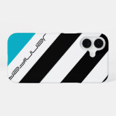 Coque iPhone 16 Noir, Blanc, Bleu, Grille moderne, Nom (Verso Horizontal)