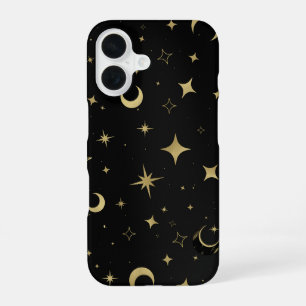 Coque iPhone 16 Noir & Or Moderne Céleste Lune Étoiles