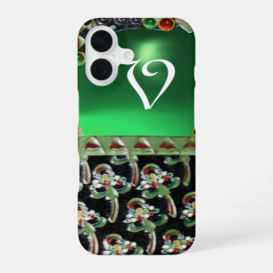 Coque iPhone 16 NOIR VERT ART NOUVEAU GEMME MONOGRAMME Émeraude