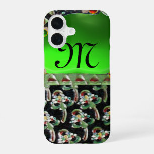 Coque iPhone 16 NOIR VERT ART NOUVEAU GEMME MONOGRAMME Émeraude