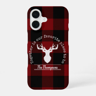 Coque iPhone 16 Nom de famille de cerf à carreaux rouge et noir de