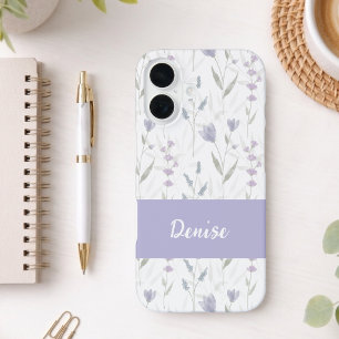 Coque iPhone 16 Nom de fleur sauvage aquarelle bleu violet