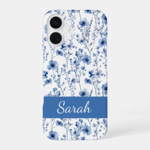 Coque iPhone 16 Nom de motif floral aquarelle à fleur sauvage bleu