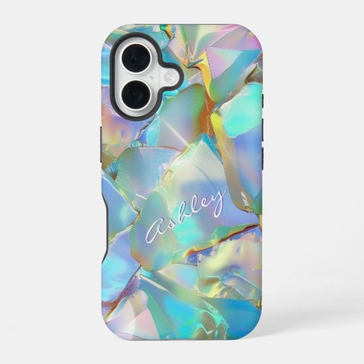 Coque iPhone 16 Nom de script blanc sur fond opale (Verso)