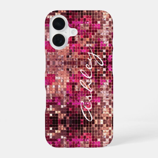 Coque iPhone 16 Nom de script blanc sur paillettes (Verso)