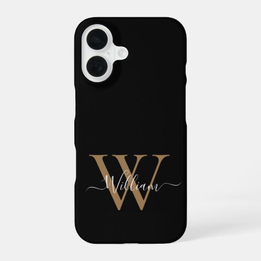 Coque iPhone 16 Nom de script de monogramme en or noir moderne (Verso)