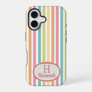 Coque iPhone 16 Nom du monogramme personnalisé Bandes pastel gaies