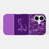 Coque iPhone 16 Nom du monogramme personnalisé Séquines violettes  (Verso Horizontal)