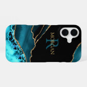 Coque iPhone 16 Nom & Monogramme Agate sarcelle et noir, Texte sar (Verso Horizontal)